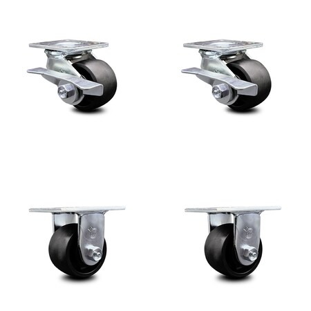Service Caster 3.25 Inch Glass Filled Nylon Caster Set with Roller Bearings 2 Brakes 2 Rigid SCC-30CS3420-GFNR-SLB-2-R-2